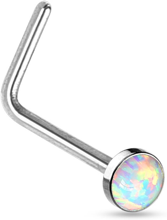 FifthCue 20G Synthetic Opal Set Flat Top PVD Over 316L Surgical Steel L bend Stud Nose Rings - Image 1